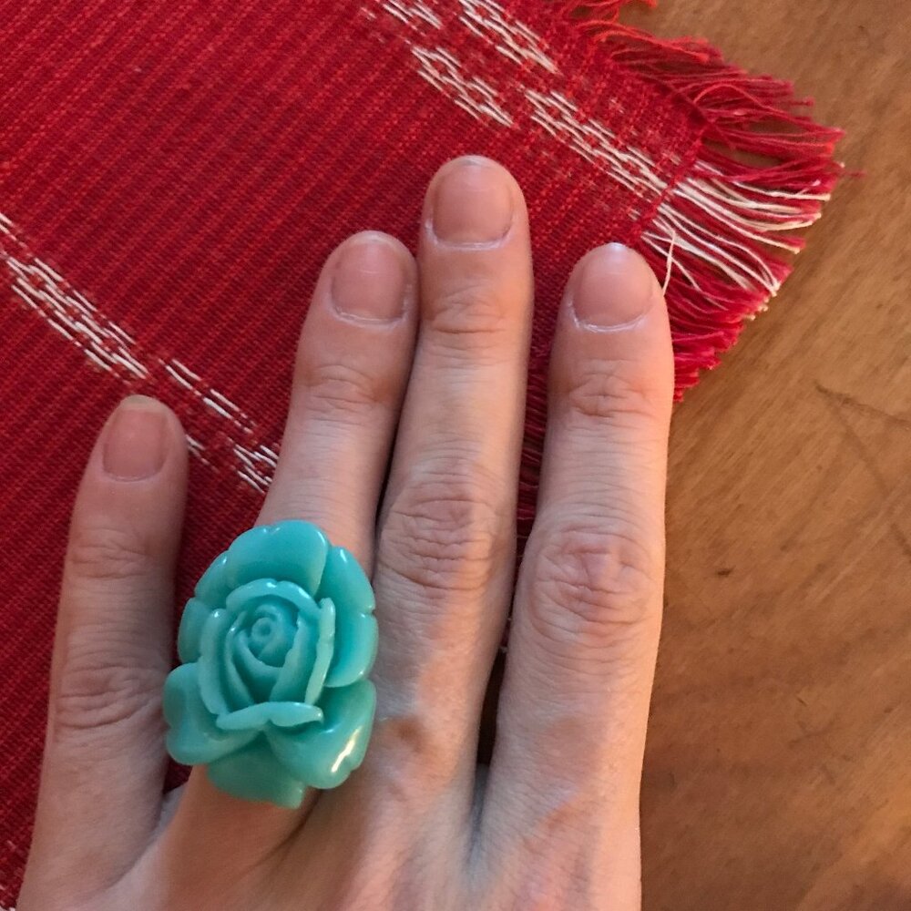 Vintage Blue Plastic Rose Adjustuble Cocktail Ring